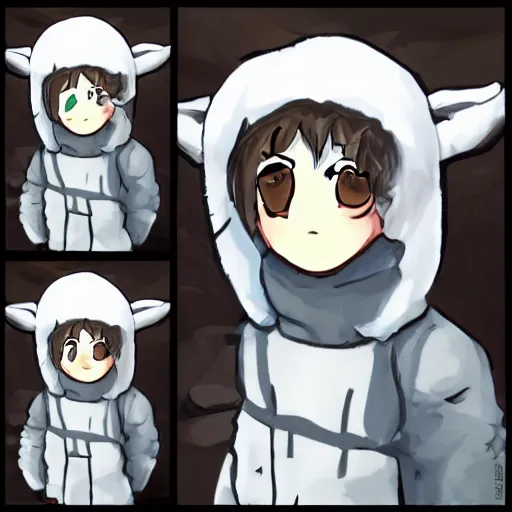 Image similar to little boy wearing sheep suit. white, gray, blue, green and brown pallet color. made in abyss art style, inspired in kris from deltarrune, cute detailed artwork