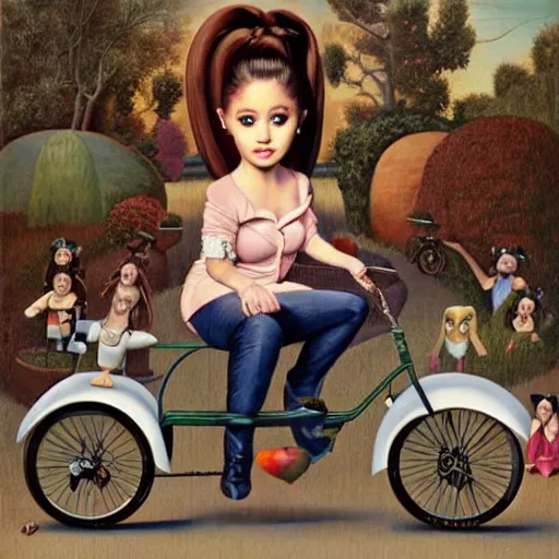 Prompt: ariana grande on a tricycle, lowbrow painting by mark ryden