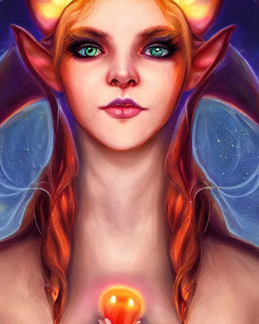 Image similar to beautiful female elf with glowing hair symmetrical face eyes, glistening tongue by Jana Schirmer,