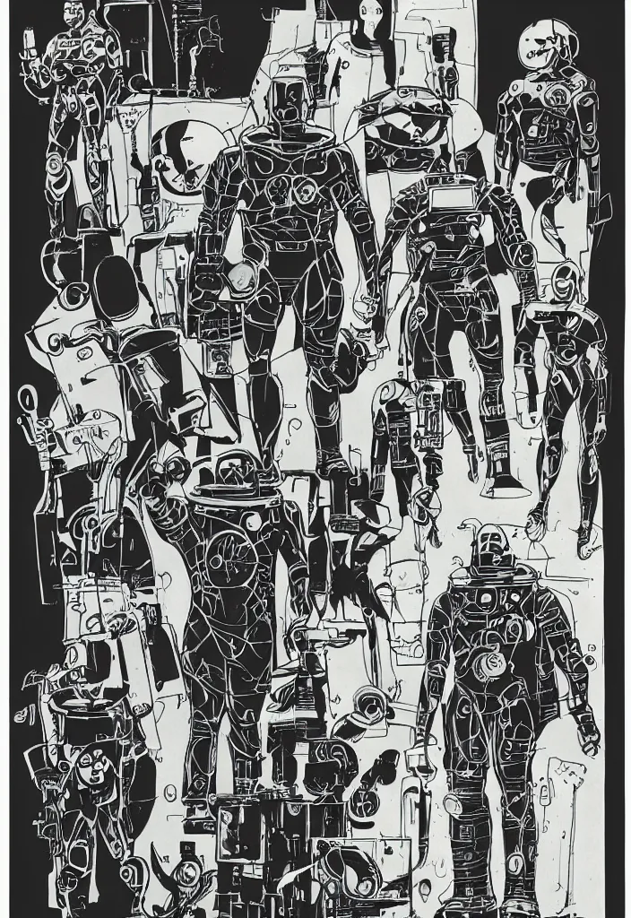 Image similar to male, heroic figure, space suit, science fiction, sketch, character sheet, very stylized, upa style, digital art, illustration, pen and ink, by mike mignola, by alex maleev