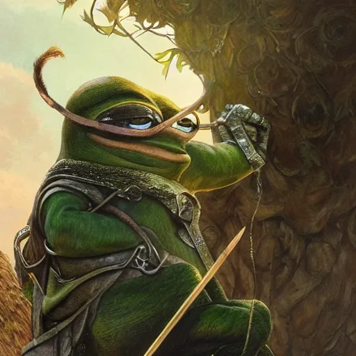 Prompt: pepe the frog as aragorn by alan lee, leather armor, golden hour, concept art, detailed clothing, art station, oil painting, art by artgerm and greg rutkowski and alphonse mucha