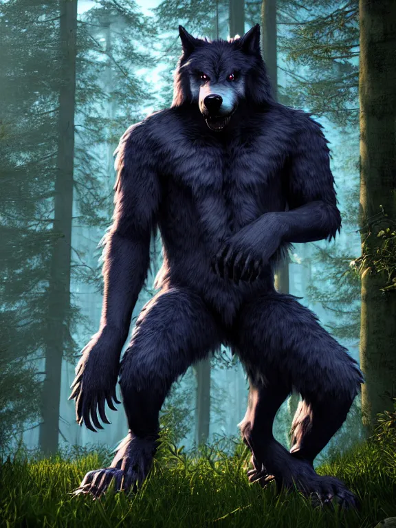 Prompt: cute handsome cuddly werewolf from van helsing unreal engine hyperreallistic render 8k character concept art masterpiece deep vibrant navy blue forest