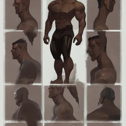 Image similar to character sheet of gigachad, muscular, handsome, chiseled, by greg rutkowski and studio ghibli, digital art, trending on artstation, highly detailed, concept art, beautiful, masterpiece
