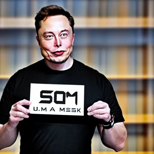 Prompt: a medium shot photograph of elon musk holding a sign with the word som on it, 4k, ultra HD