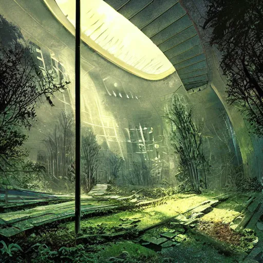 Image similar to stairs leading to a frozen derelict portal in a middle of a snowy lush futuristic forest, green lush world seen only through a portal, daylight, cinematic lighting, blue sky, syd mead, john harris