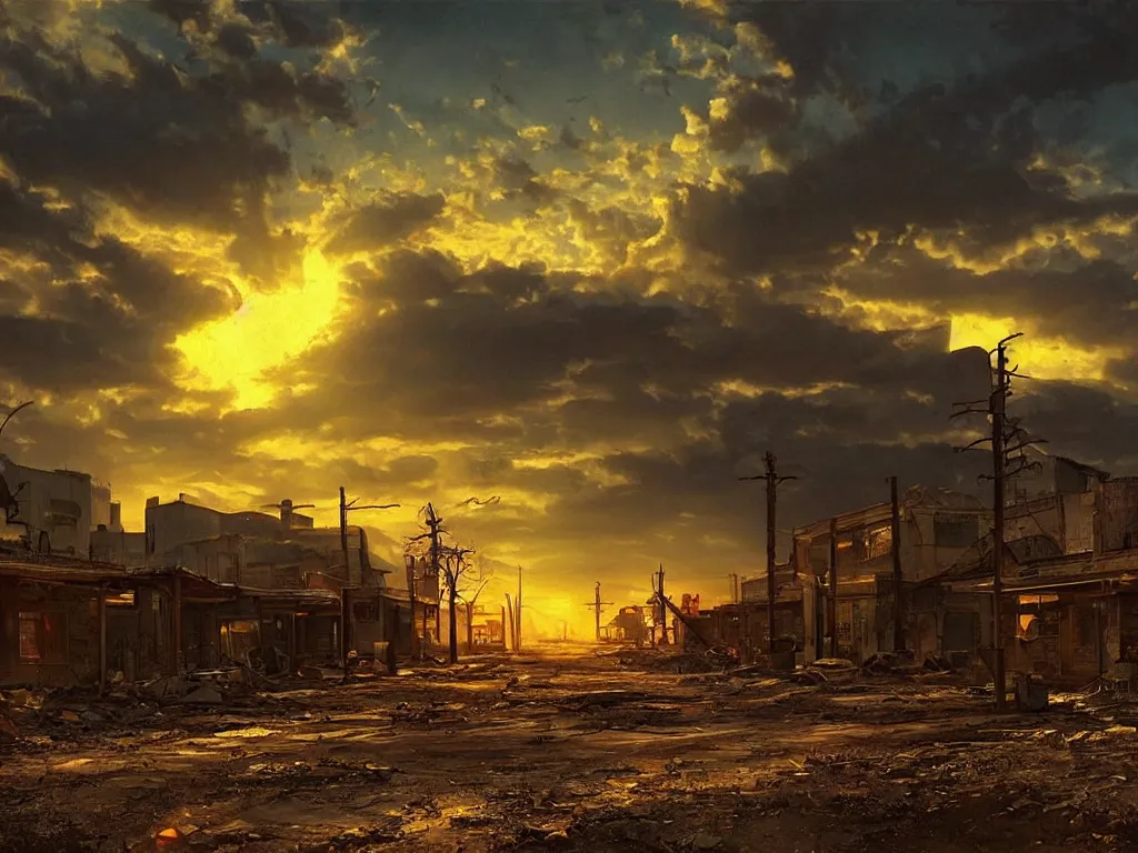 Prompt: a post apocalyptic small town after a nuclear war, beautiful radioactive sunset lighting, beautiful painting, fallout video game, painted by albert bierstadt