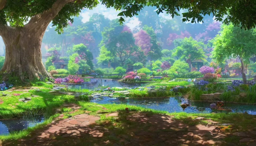 Image similar to a colorful easter land with a pond, beautiful ancient trees, hiding large treasure chest, serene evening atmosphere, soft lens, soft light, cel - shading, animation, in the style of cgsociety, deviantart, artstation, zbrush, cinema 4 d, studio ghibli, akihiko yoshida, atelier lulua, masamune shirow