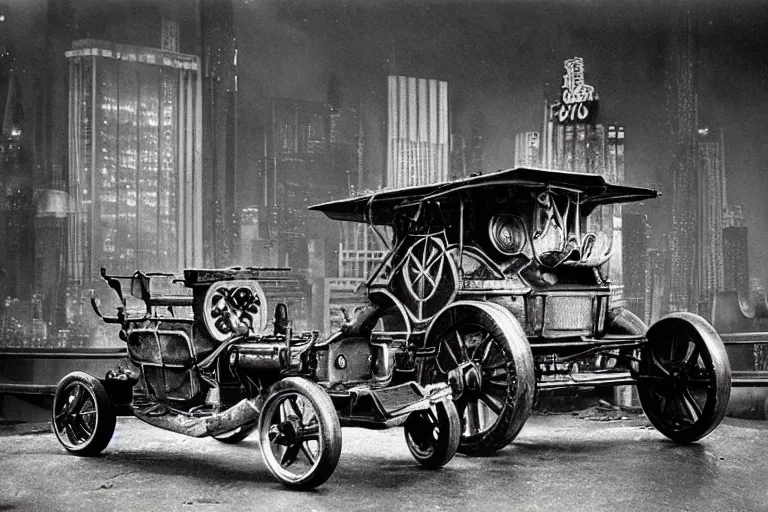 Image similar to cyberpunk 1 9 0 8 model ford t by paul lehr, metropolis, parked by view over city, vintage film photo, robotic, silent movie, black and white photo