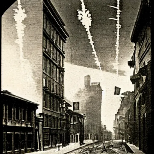 Image similar to grainy 1800s photo of a city street with flying machines above dropping incendiary bombs on it