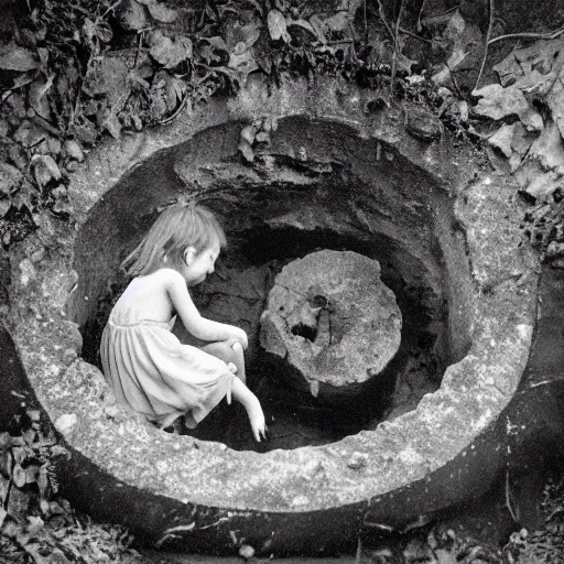 Prompt: photograph of two children looking down into an old stone well in the middle of an overgrown forest. in the well, the corpse of a mysterious fleshy beast float on the water with a claw reaching up