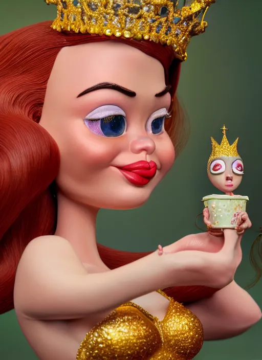Prompt: highly detailed closeup, face profile portrait of a tin toy jessica rabbit as a fairytale princess wearing a crown eating cakes, bikini, unreal engine, nicoletta ceccoli, mark ryden, earl norem, lostfish, global illumination, detailed and intricate environment