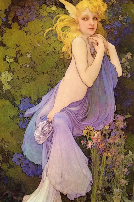 Prompt: a beautiful faerie wearing silk gown, detailed, rainbowshift, by maxfield parrish, alphonse mucha, brian froud