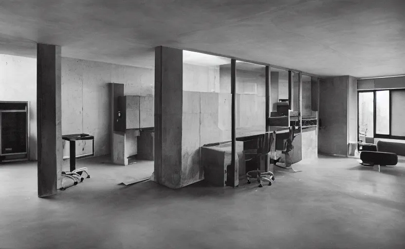 Prompt: Interior shot of a secret brutalist concrete breez block studio apartment with computers and aquariums and with glossy concrete floor by stanley kubrick, shot by 35mm film color photography