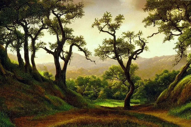 Prompt: masterpiece painting of oak trees on a hillside overlooking a creek, dramatic lighting, by peter ferguson