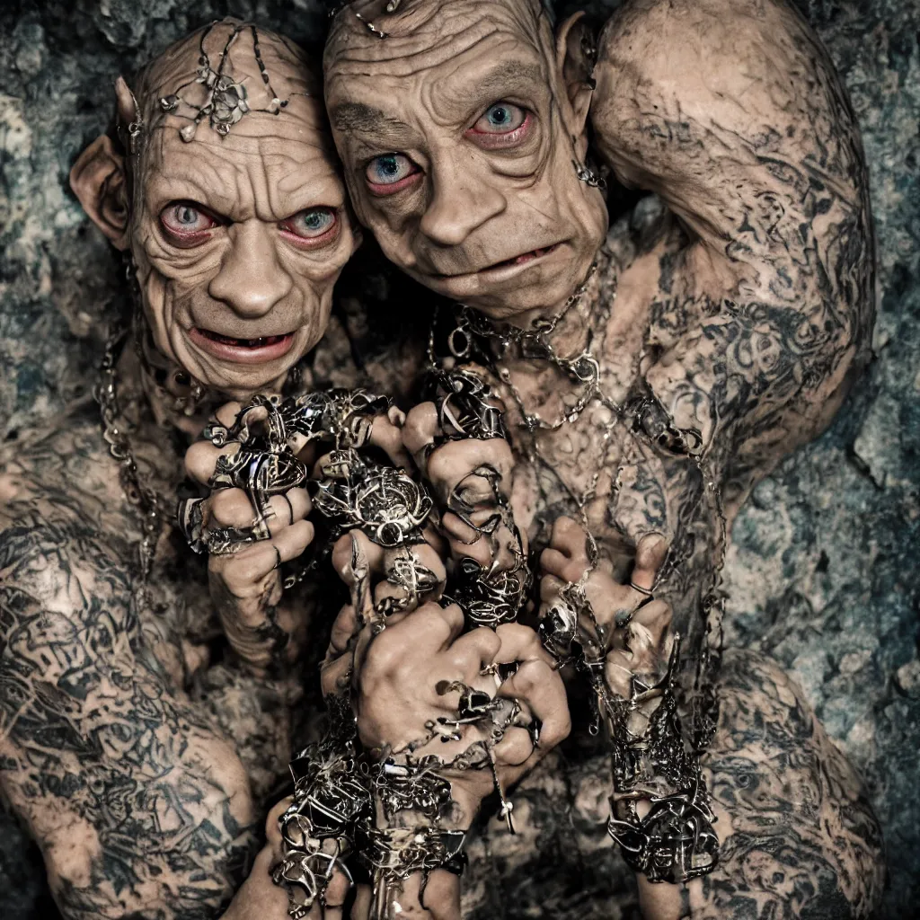 Prompt: gollum proudly wearing jewelry and bling in a dungeon, hip hop style, tattoos, imax, foggy atmosphere, bokeh, professional studio shot, stylized photo