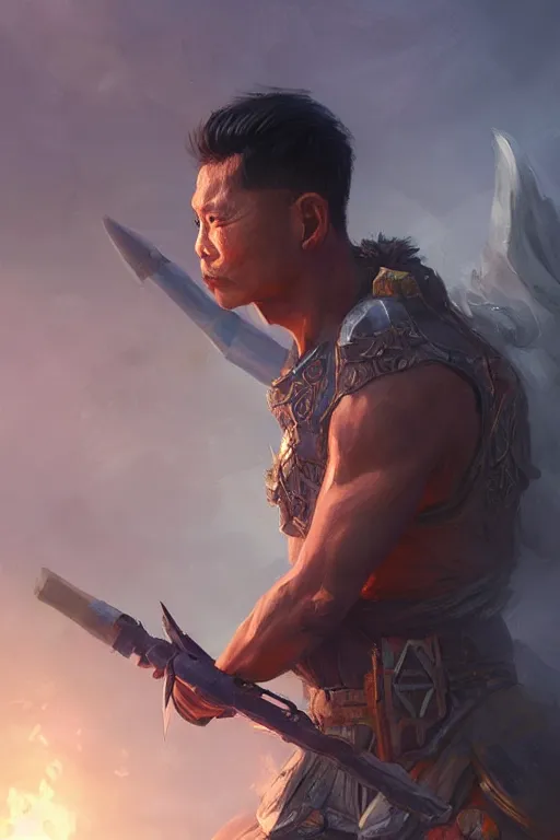 Image similar to side profile of a filipino man sitting on a tank wielding a scepter, highly detailed, d & d, fantasy digital painting, trending on artstation, concept art, sharp focus, illustration, volumetric light, intricate, art by artgerm and greg rutkowski