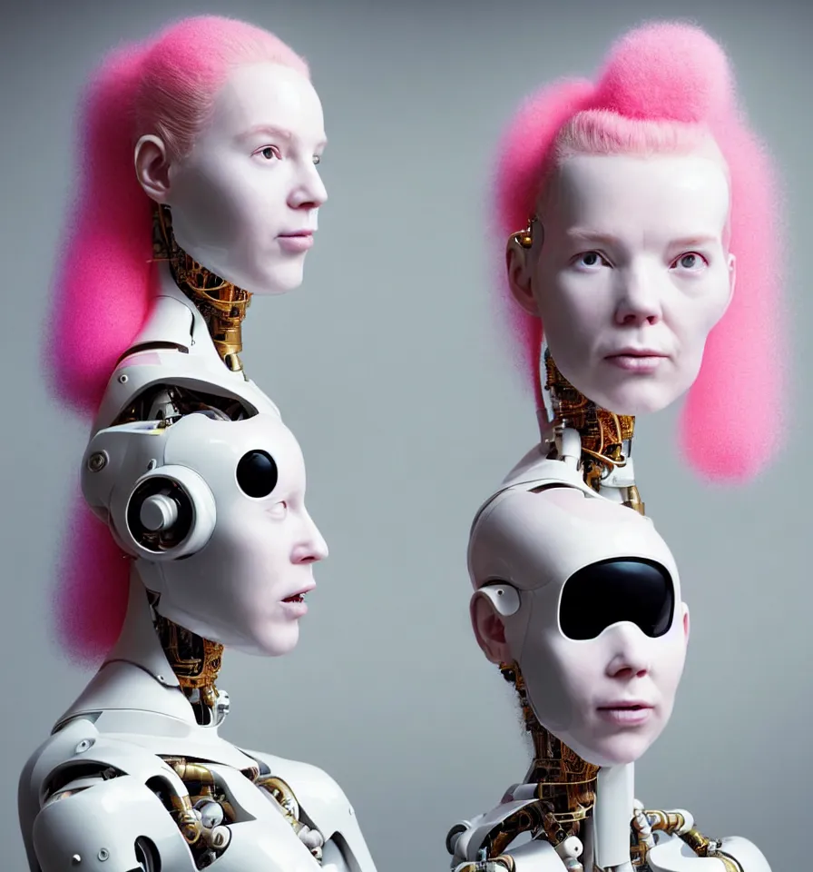 Prompt: portrait of a futuristic cyborg robot wearing a gold pipes fitted beauty mask and pink hair buns, wearing a black bodysuit by alexander mcqueen, cream white background, perfectly symmetric, soft diffused light, biotechnology, humanoid robot, hanging electrical cables and pipes, bjork aesthetic, translucent, by rineke dijkstra, intricate details, highly detailed, masterpiece,