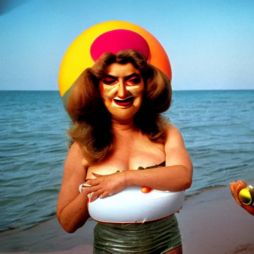 Image similar to 1981 woman on tv show wearing a happy squishy inflatable prosthetic mask, soft color wearing a swimsuit at the beach 1981 color film 16mm holding a an inflatable fish Fellini John Waters Russ Meyer Doris Wishman old photo