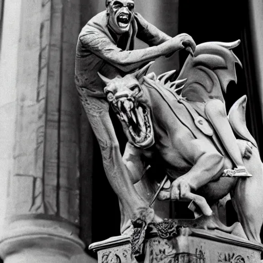 Image similar to frank sinatra riding a gargoyle