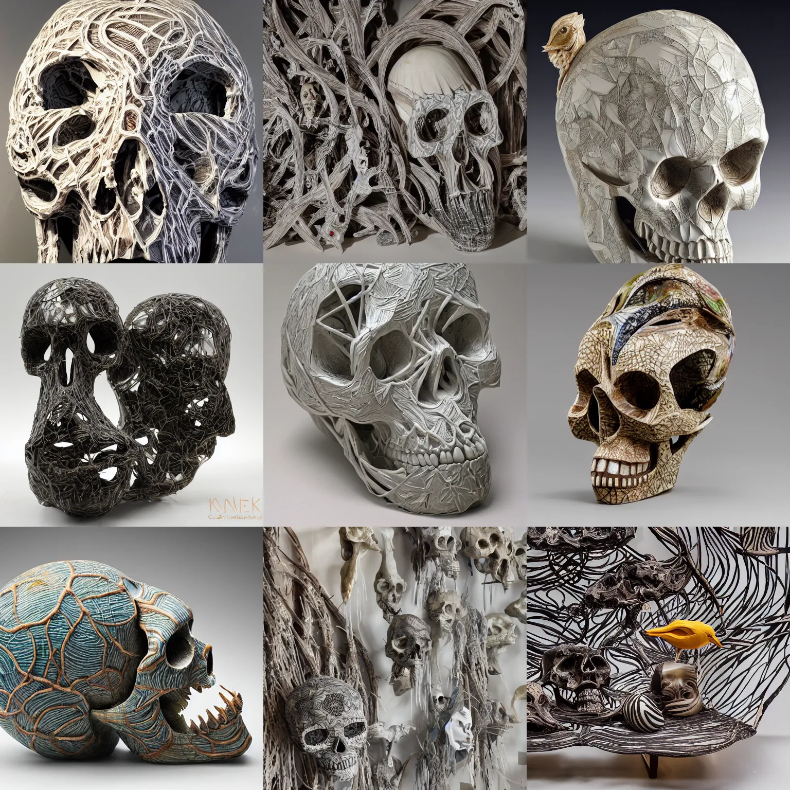 Prompt: abstract shaped skulls and bird made out of thick webs, distorted, Contemporary Ceramics, color, glossy, highly detailed carving on southern ice porcelain, art gallery, masterpiece