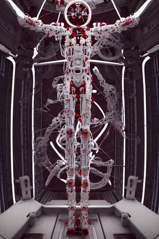 Prompt: space station interior white cross a statue jesus on cross made of red marble hands nailed to a cross perfect symmetrical body full body shot, inflateble shapes, wires, tubes, veins, jellyfish, white biomechanical details, wearing epic bionic cyborg implants masterpiece, intricate, biopunk, vogue, highly detailed, artstation, concept art, cyberpunk, octane render