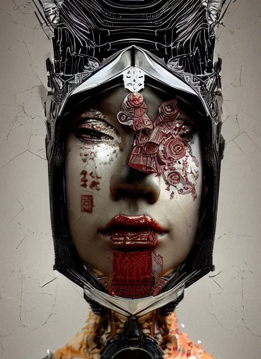 Prompt: portrait of futuristic king arthur knight cyborg geisha, kintsugi, modern fine art, fractal, intricate, elegant, highly detailed, digital photography, subsurface scattering, in the style of ghost, by jheronimus bosch and frank miller and greg rutkowski,