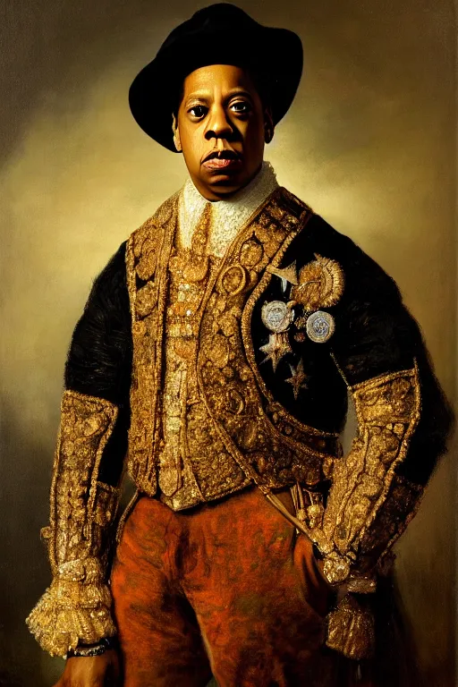 Prompt: portrait of jay - z as a british royal, painted by rembrandt