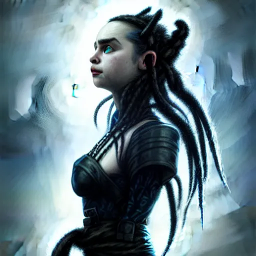 Image similar to portrait of emilia clarke cybergoth dreadlocks, dark, piercing eyes, exotic expression, esoteric clothing, photorealistic, highly detailed, mysterious lighting, artstation, smooth, sharp focus, art by michael whelan, artgerm, greg rutkowski and luis royo