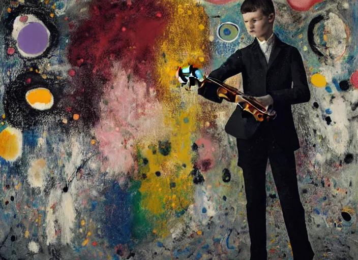 Prompt: portrait of a young violinist with violin in hand focusing, painted by vincent lefevre and hernan bas and pat steir and hilma af klint, psychological, symmetrical face, dripping paint, washy brush, background with hundreds of bubbles of memories by andreas gursky, rendered in octane, altermodern, masterpiece