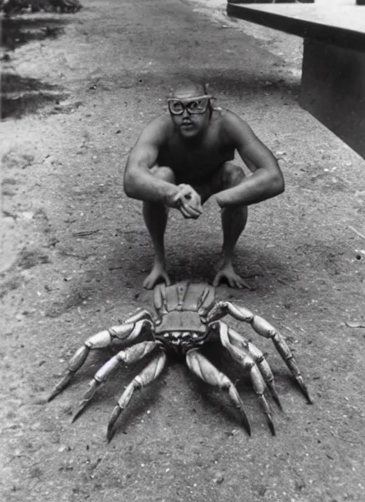 Image similar to a vintage photo of a half-man half-crab creature