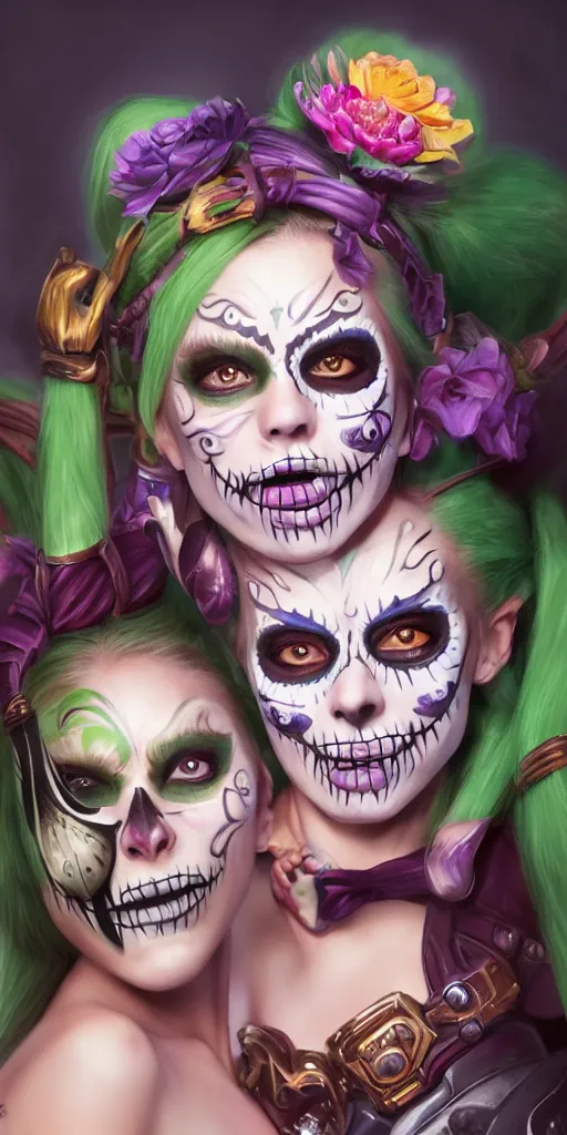 Prompt: uhd portrait photography mirror of jinx and teemo from league of legends with her face painted as in the dia de los muertos, coherent portraits, mmorpg fantasy, intricate, elegant, highly detailed, digital painting, trending on artstation, hdr photo, smooth, sharp focus, illustration, art by artgerm and greg rutkowski and alphonse mucha