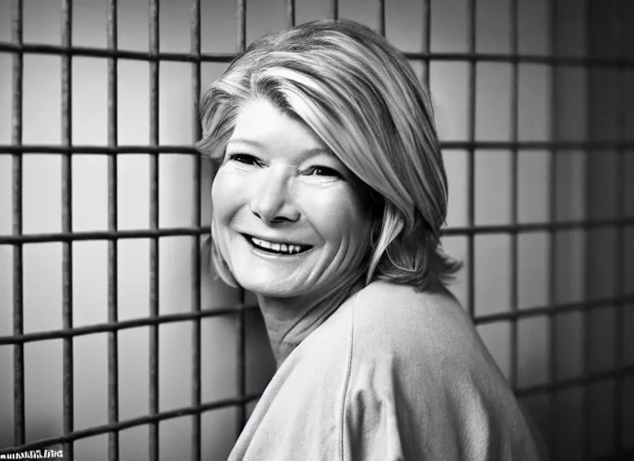 Image similar to photo still of martha stewart!!!!!!!! at age 4 6 years old 4 6 years of age!!!!!!!! in a prison cell behind bars, 8 k, 8 5 mm f 1. 8, studio lighting, rim light, right side key light