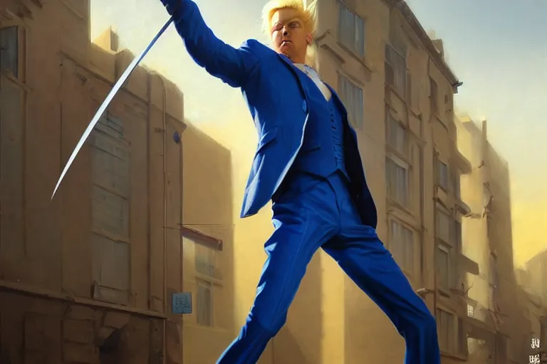 Image similar to a blond man in a blue suit hit by flying thrown swords, organic painting, sunny day, matte painting, bold shapes, hard edges, street art, trending on artstation, by huang guangjian, gil elvgren, ruan jia, randy vargas, greg rutkowski