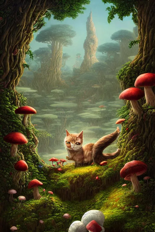 Image similar to a beautiful digital illustration painting of a detailed fantasy cats and roots, mushroom, flowers by benoit b. mandelbrot, steven belledin, martin johnson heade, lee madgwick, caspar david friedrich, and david rios ferreira. 8 k resolution trending on artstation concept art digital illustration