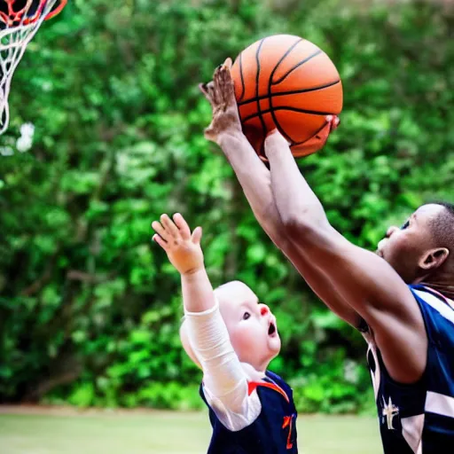 Image similar to a baby dunking a basketball, dramatic action photography