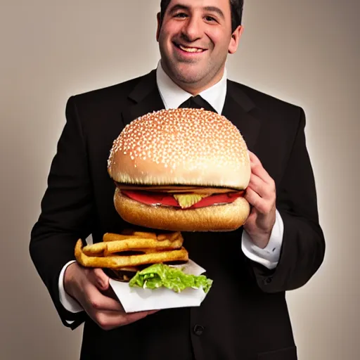 Image similar to clean - shaven smiling white chubby italian american man in his 4 0 s wearing a brown long overcoat and necktie holding a giant burger, 2 0 0 0 avertising promo shot, studio lighting