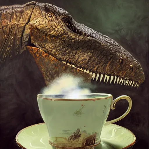 Image similar to long shot of tyrannosaurus rex sitting in a romantique tea cup, by esao andrews, by m. w. kaluta, harmonic composition, volumetric light, fresh colors, humorous oil painting, realistic reflections, smooth, concept art, depth perception, high depth of field, 4 k, unreal engine 5, ultradetailed, hyperrealistic, trending on artstation