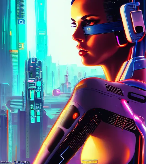 Image similar to cable plugged in, side of head, very very beautiful woman, cyberdeck computer terminal, street level night city, 1 9 7 9 omni magazine cover, style by vincent di fate, artgerm, cyberpunk 2 0 7 7, very coherent, detailed, 4 k resolution, unreal engine, daz