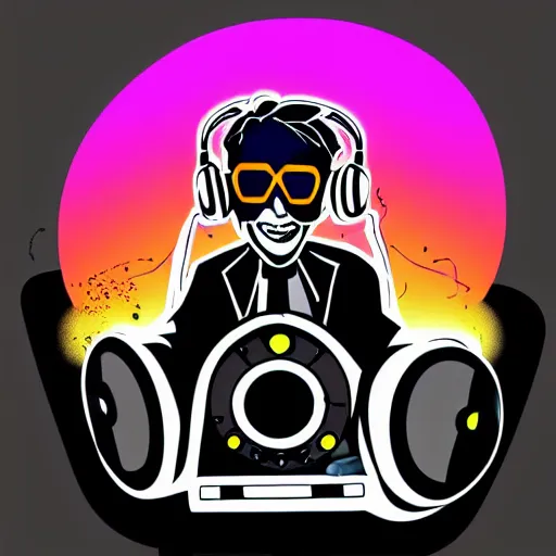 Image similar to svg vector sticker of absolutely insane-mad-scientist-villain, rocking out, wearing headphones, huge speakers, dancing, rave, DJ, spinning records, digital art, amazing composition, rule-of-thirds, award-winning, trending on artstation, featured on deviantart