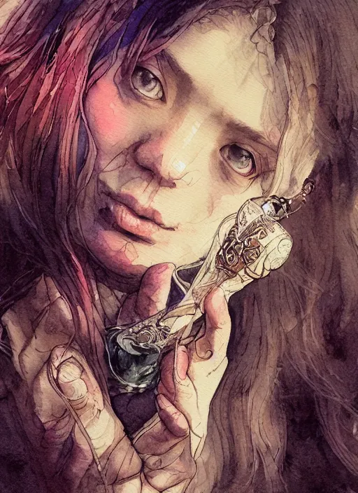 Image similar to portrait, beautiful Stoner hippy girl, sitting down, smoking a magical bong, watercolor, dramatic lighting, cinematic, establishing shot, extremely high detail, foto realistic, cinematic lighting, pen and ink, intricate line drawings, by Yoshitaka Amano, Ruan Jia, Kentaro Miura, Artgerm, post processed, concept art, artstation, matte painting, style by eddie mendoza, raphael lacoste, alex ross