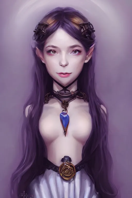 Image similar to portrait of a gorgeous young female artificer holding a strange device, looking at camera, D&D, choker on neck, stylish dress, mouth slightly open, cute slightly nerdy smile, very long flowing hair, intricate, elegant, stylish, fantasy, extremely detailed, digital painting, artstation, concept art, smooth, sharp focus, illustration, stunning lighting, art by artgerm and greg rutkowski and alphonse mucha and simon stalenhag