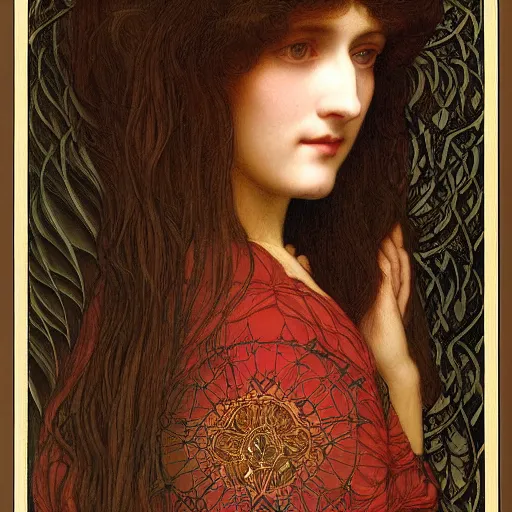 Image similar to Symmetric Pre-Raphaelite painting of a beautiful mystic woman with dark hair in a very detailed silk dark red dress, surrounded by a dark floral frame highly detailed mathematical drawings of neural networks and geometry by Doré and Mucha, by John William Waterhouse, highly detailed mathematical drawings of geometry