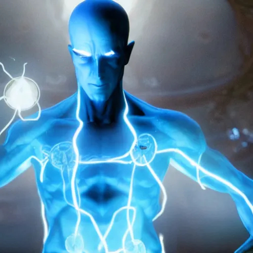 Image similar to A still of Dr. Manhattan as John Constantine, award winning photo, unreal engine, highly detailed features