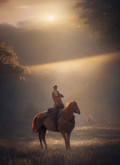 Image similar to man riding horse on shoulders, volumetric lighting, beautiful, golden hour, sharp focus, ultra detailed, cgsociety by leesha hannigan, ross tran, thierry doizon, kai carpenter, ignacio fernandez rios, noir photorealism, film