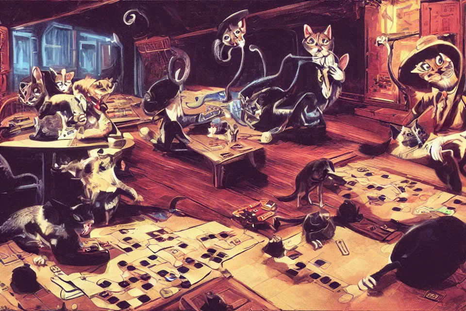 Prompt: 3 cats rolling dice with 3 rats, neon basement, by syd mead , john kricfalusi