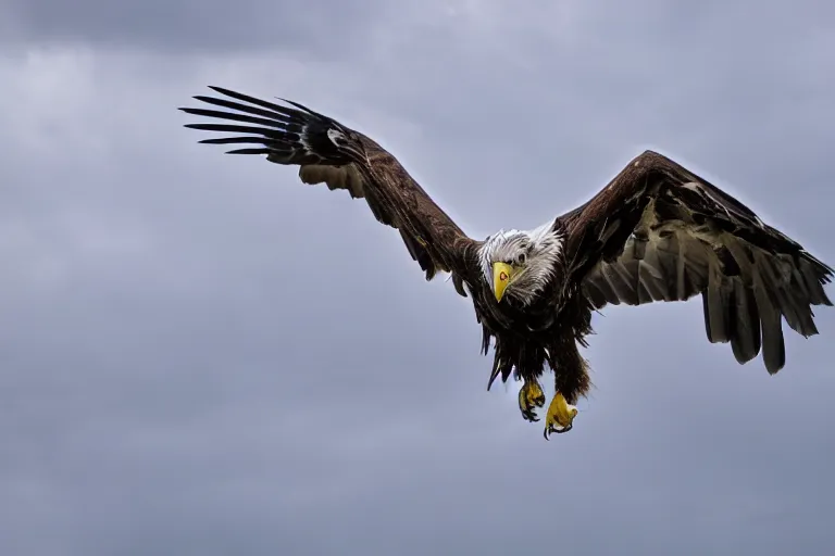 Image similar to a wideangle colorchrome supersharp photo of a white - tailed eagle, 3 0 0 mm lens, stormy sky