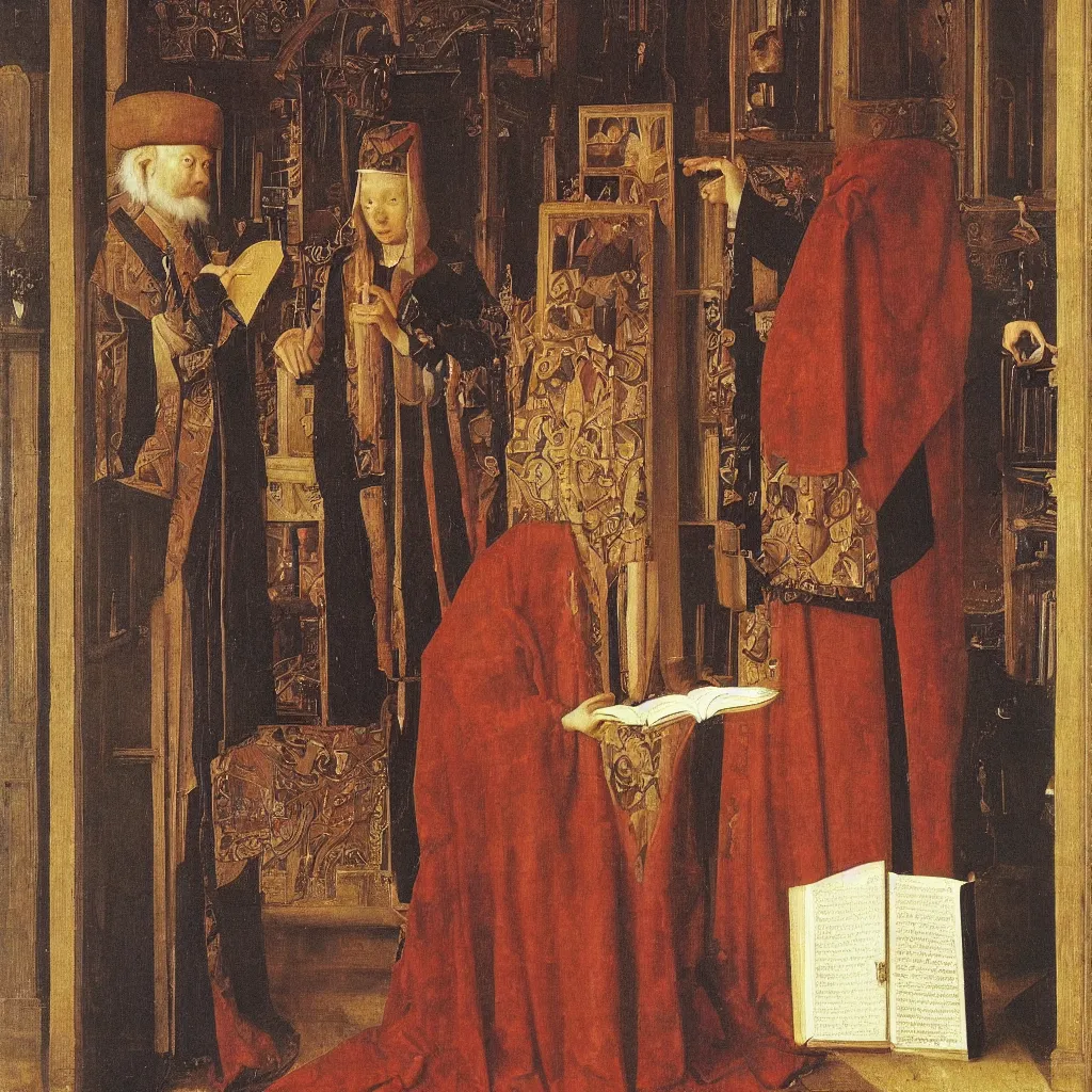 Image similar to a book. painting by jan van eyck, frank sedlacek.