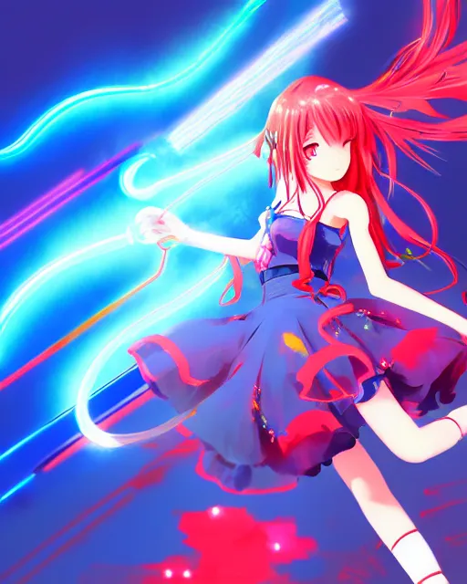 Image similar to anime style, vivid, expressive, full body, 4 k, painting, a cute magical girl idol with a long wavy hair wearing a dress fighting monsters, blue and red, balance, correct proportions, stunning, realistic light and shadow effects, neon lights, studio ghibly makoto shinkai yuji yamaguchi