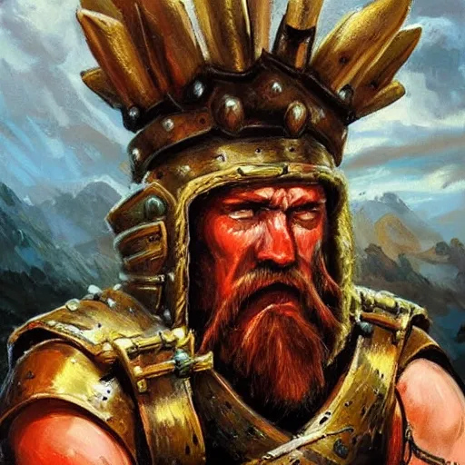 Prompt: a russian warrior who is wearing iron gauntlets in the shape of bear claws in the style of warhammer fantasy : : head and shoulders oil painting