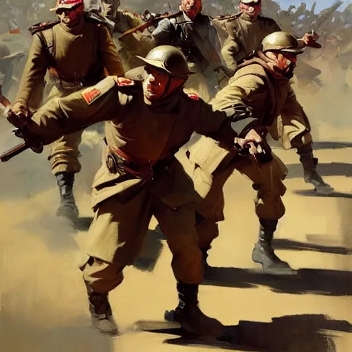 Image similar to greg manchess painting of a group of men charging at the enemy wearing military uniform, painting, trending on artstation, by huang guangjian and gil elvgren and sachin teng